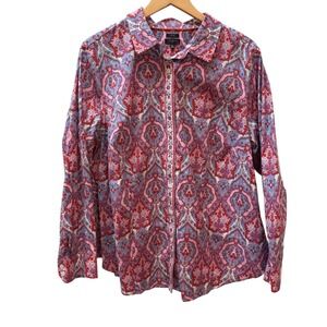Talbots Plus 18W Non-Iron Button Down Shirt Pink Red Blue Paisley Long Sleeve